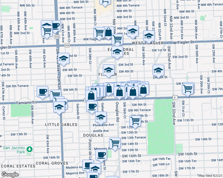 map of restaurants, bars, coffee shops, grocery stores, and more near 19 Oviedo Avenue in Coral Gables
