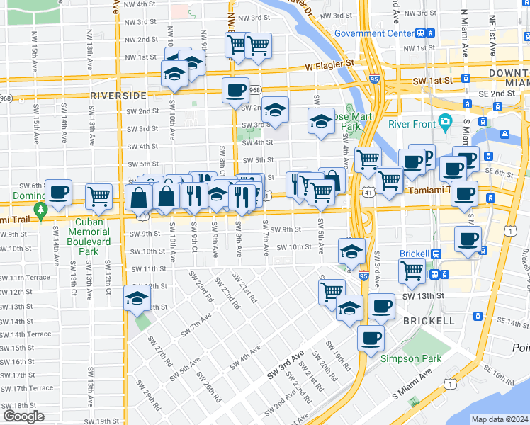 map of restaurants, bars, coffee shops, grocery stores, and more near Southwest 7th Avenue in Miami