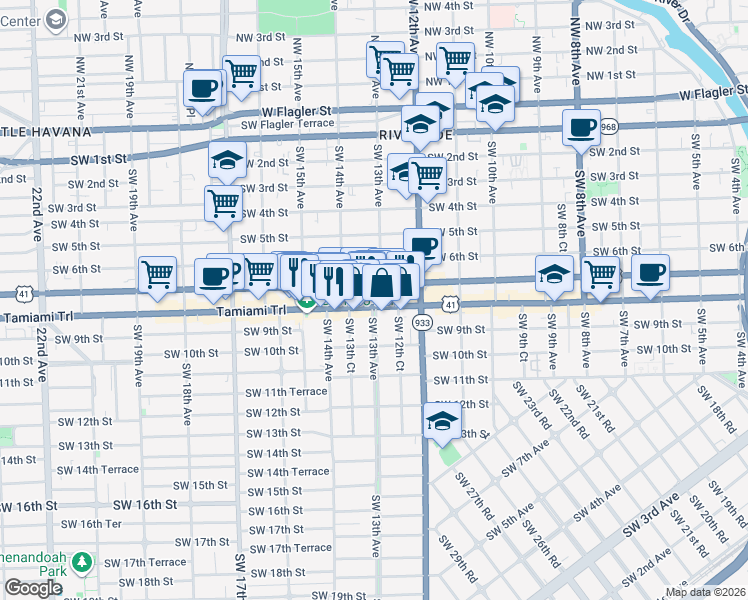 map of restaurants, bars, coffee shops, grocery stores, and more near 820 Southwest 13th Avenue in Miami