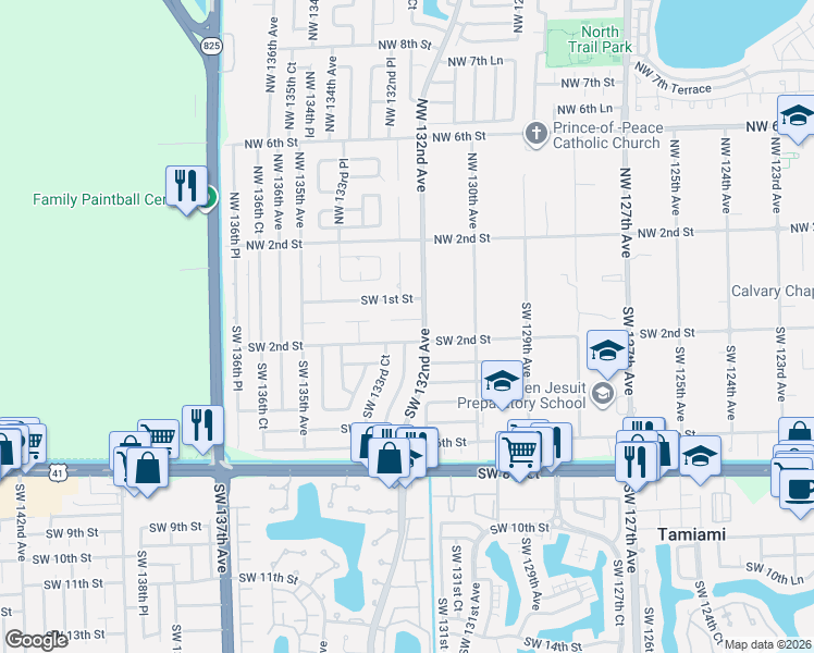 map of restaurants, bars, coffee shops, grocery stores, and more near 200 Southwest 132nd Avenue in Miami