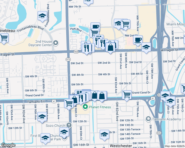 map of restaurants, bars, coffee shops, grocery stores, and more near 8400 Southwest 4th Street in Miami