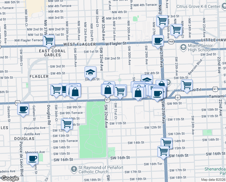 map of restaurants, bars, coffee shops, grocery stores, and more near 3116 Southwest 7th Street in Miami