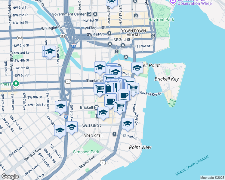 map of restaurants, bars, coffee shops, grocery stores, and more near 871 South Miami Avenue in Miami