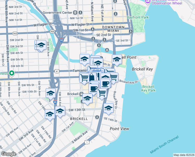 map of restaurants, bars, coffee shops, grocery stores, and more near 871 South Miami Avenue in Miami
