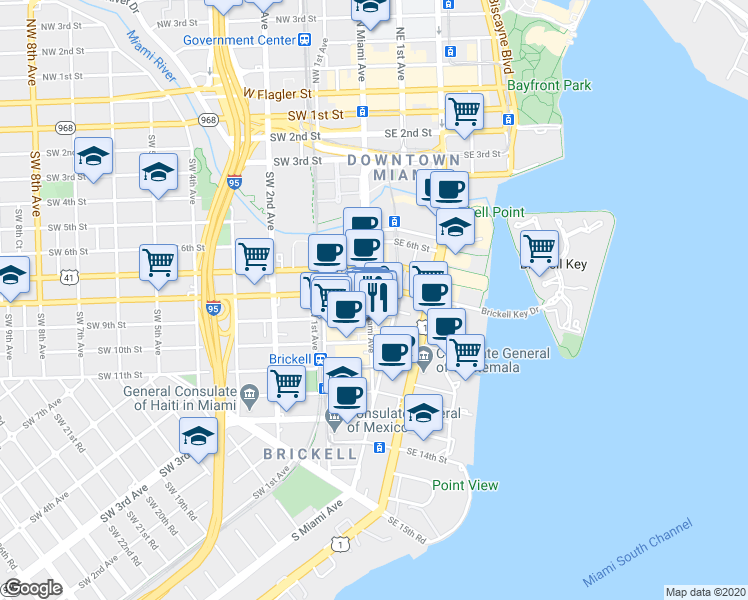 map of restaurants, bars, coffee shops, grocery stores, and more near 871 South Miami Avenue in Miami