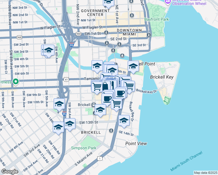 map of restaurants, bars, coffee shops, grocery stores, and more near 871 South Miami Avenue in Miami
