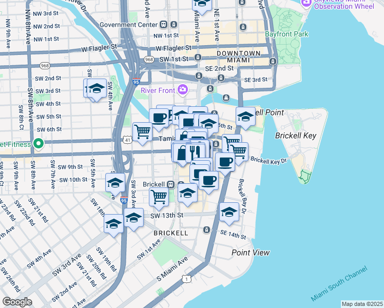 map of restaurants, bars, coffee shops, grocery stores, and more near 10 Southwest 9th Street in Miami