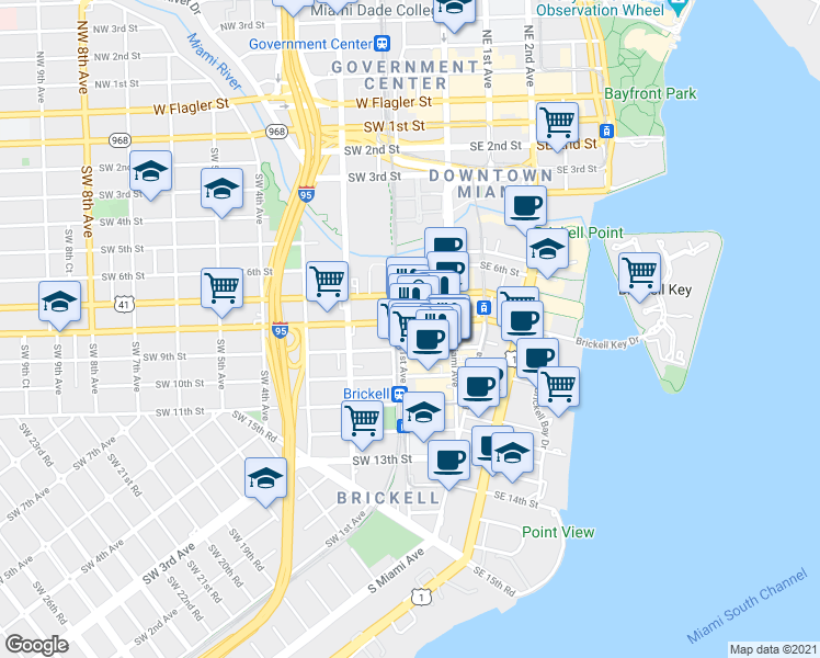 map of restaurants, bars, coffee shops, grocery stores, and more near 10 Southwest 9th Street in Miami