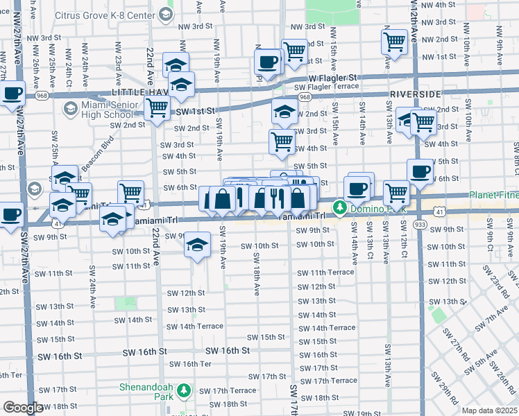 map of restaurants, bars, coffee shops, grocery stores, and more near 1821 Southwest 8th Street in Miami