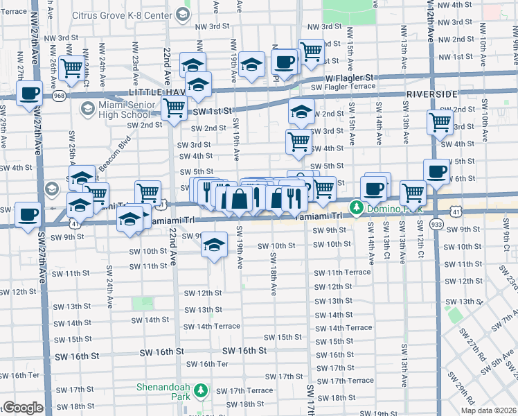 map of restaurants, bars, coffee shops, grocery stores, and more near 1868 Southwest 8th Street in Miami