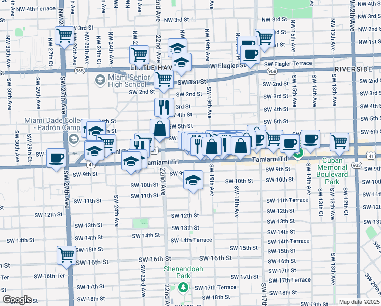 map of restaurants, bars, coffee shops, grocery stores, and more near 2115 Southwest 8th Street in Miami