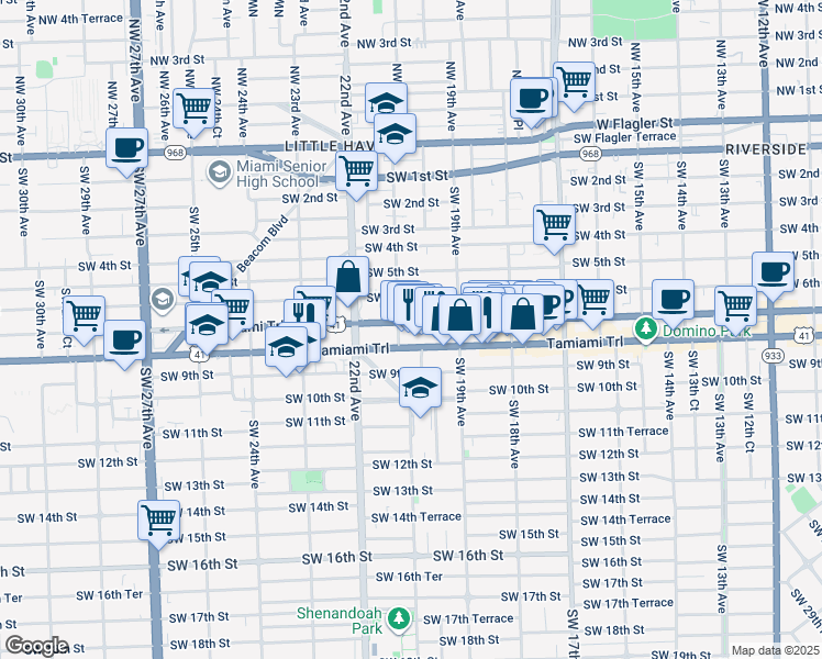 map of restaurants, bars, coffee shops, grocery stores, and more near 2101 Southwest 8th Street in Miami