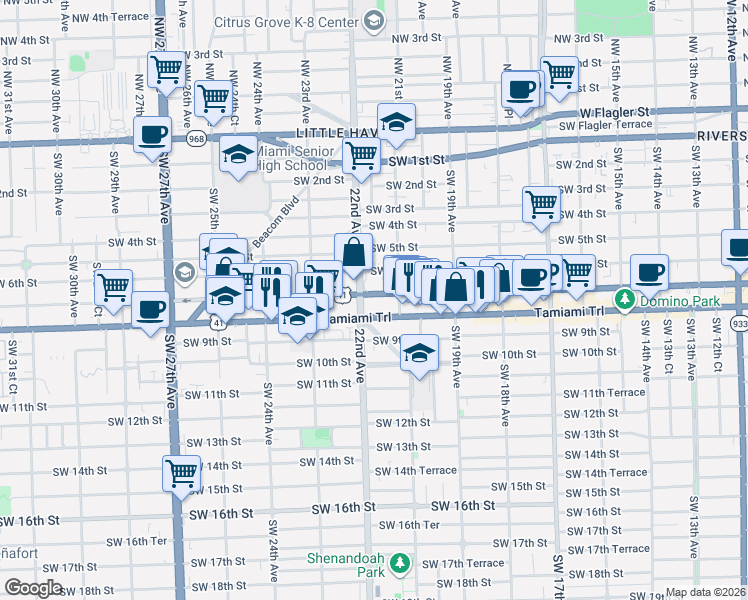 map of restaurants, bars, coffee shops, grocery stores, and more near 799 Southwest 22nd Avenue in Miami