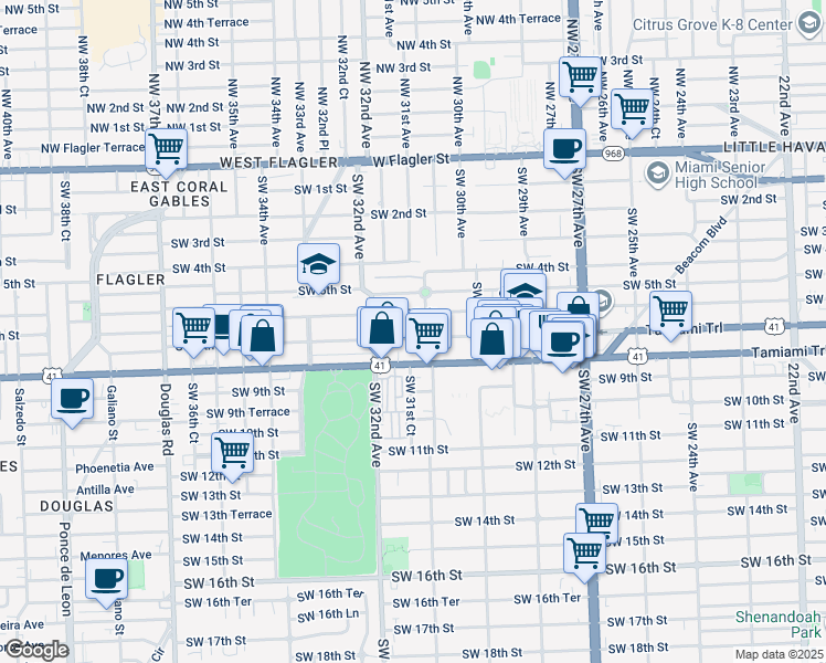 map of restaurants, bars, coffee shops, grocery stores, and more near 3116 Southwest 7th Street in Miami