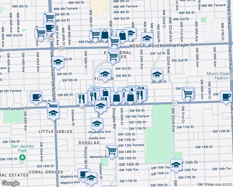map of restaurants, bars, coffee shops, grocery stores, and more near 3661 Southwest 7th Street in Miami