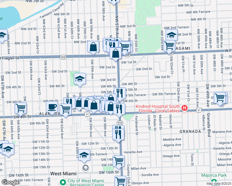 map of restaurants, bars, coffee shops, grocery stores, and more near 5750 Southwest 5th Terrace in Miami