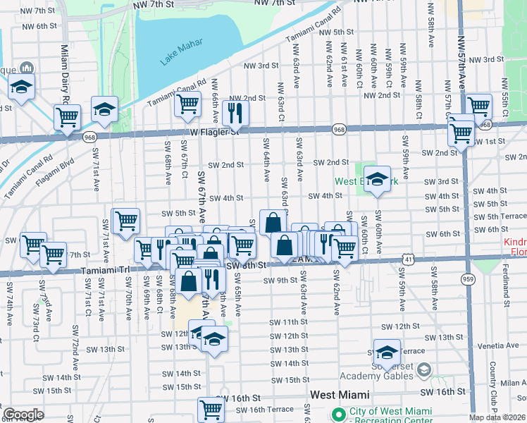 map of restaurants, bars, coffee shops, grocery stores, and more near 526 Southwest 64th Court in Miami