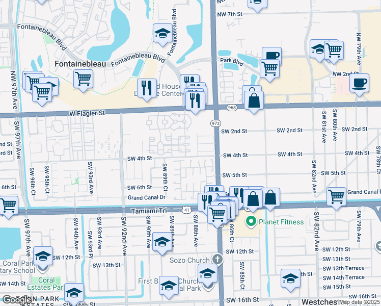 map of restaurants, bars, coffee shops, grocery stores, and more near 409 Southwest 88th Place in Miami