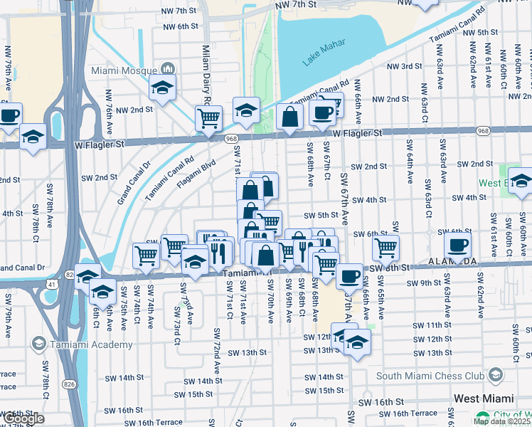 map of restaurants, bars, coffee shops, grocery stores, and more near 7000 Southwest 4th Street in Miami