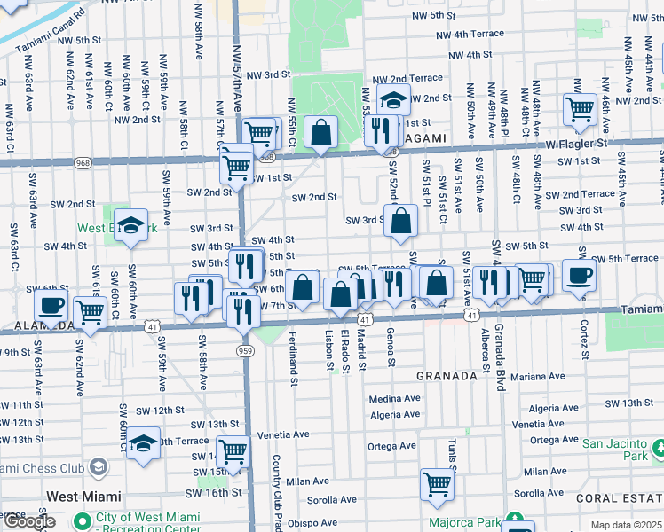 map of restaurants, bars, coffee shops, grocery stores, and more near 5401 Southwest 6th Street in Coral Gables