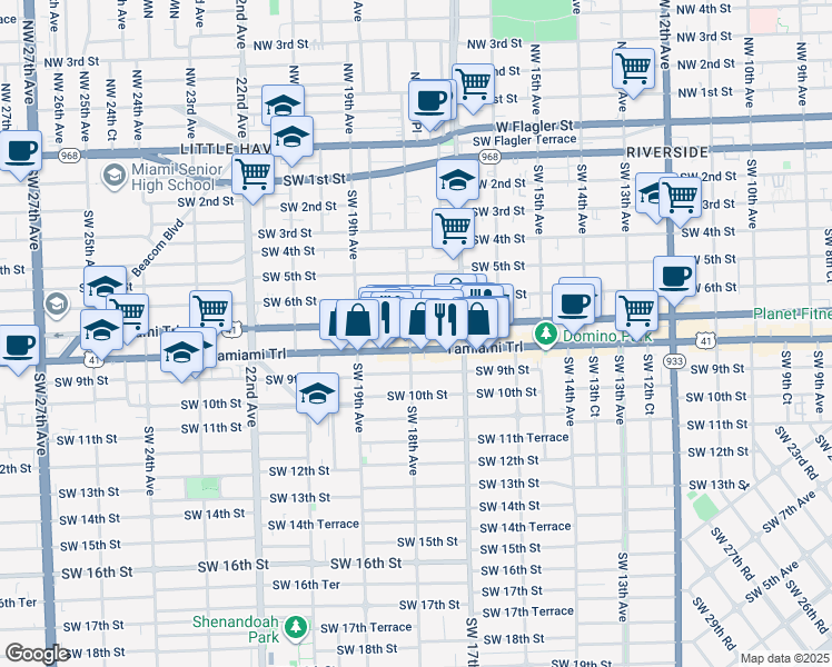 map of restaurants, bars, coffee shops, grocery stores, and more near 1821 Southwest 8th Street in Miami