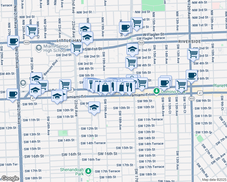map of restaurants, bars, coffee shops, grocery stores, and more near 1868 Southwest 8th Street in Miami