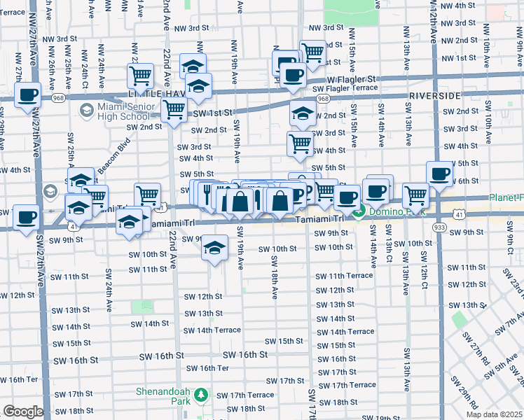 map of restaurants, bars, coffee shops, grocery stores, and more near 1868 Southwest 8th Street in Miami