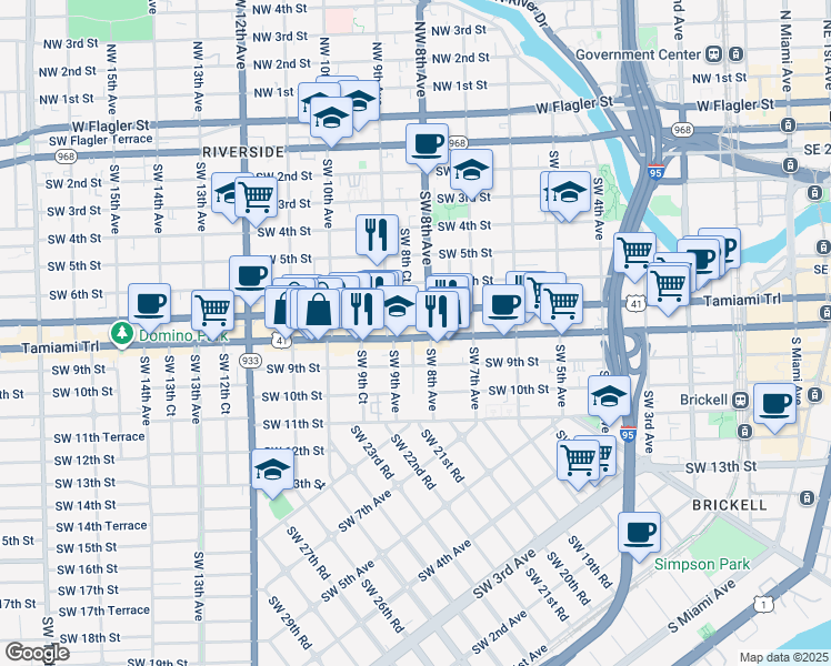 map of restaurants, bars, coffee shops, grocery stores, and more near 829 Southwest 8th Court in Miami