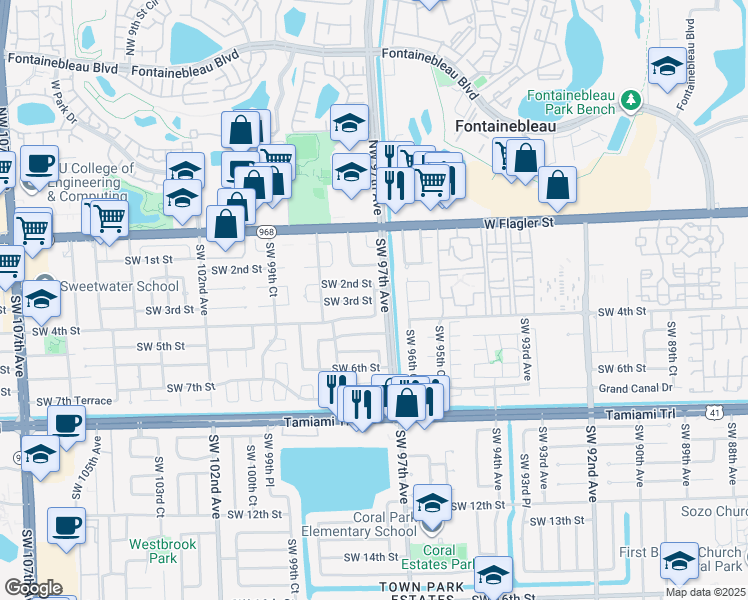 map of restaurants, bars, coffee shops, grocery stores, and more near 9393 Southwest 3rd Street in Miami