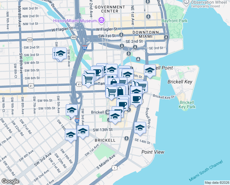 map of restaurants, bars, coffee shops, grocery stores, and more near 86 Southwest 8th Street in Miami