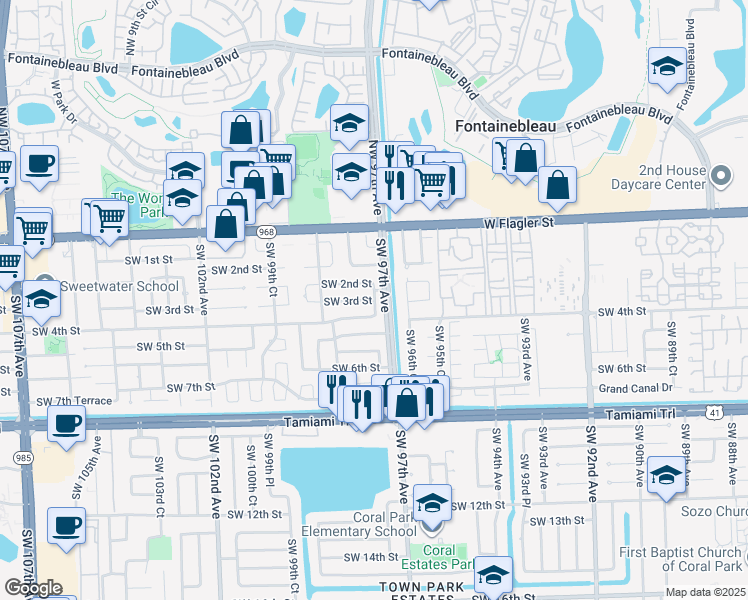 map of restaurants, bars, coffee shops, grocery stores, and more near 9689 Southwest 3rd Street in Miami