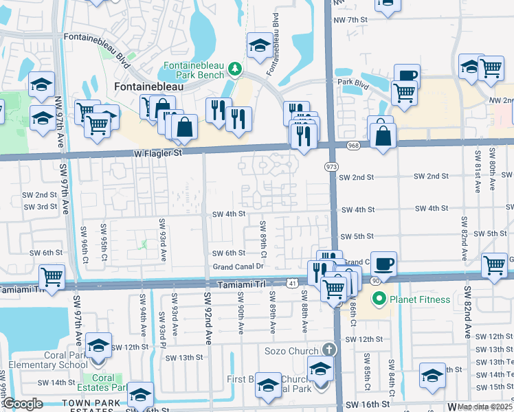 map of restaurants, bars, coffee shops, grocery stores, and more near 403 Southwest 89th Place in Miami