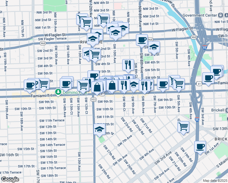 map of restaurants, bars, coffee shops, grocery stores, and more near 819 Southwest 10th Avenue in Miami