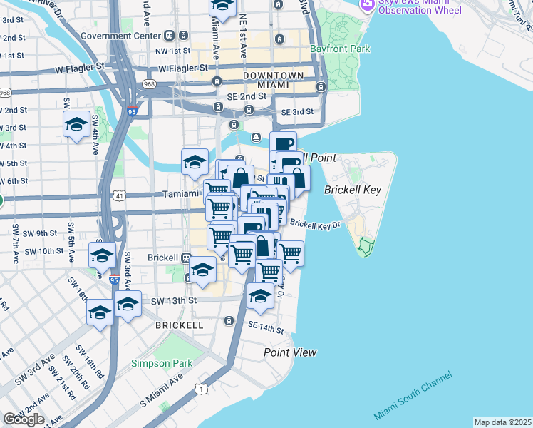 map of restaurants, bars, coffee shops, grocery stores, and more near Brickell Avenue in Miami