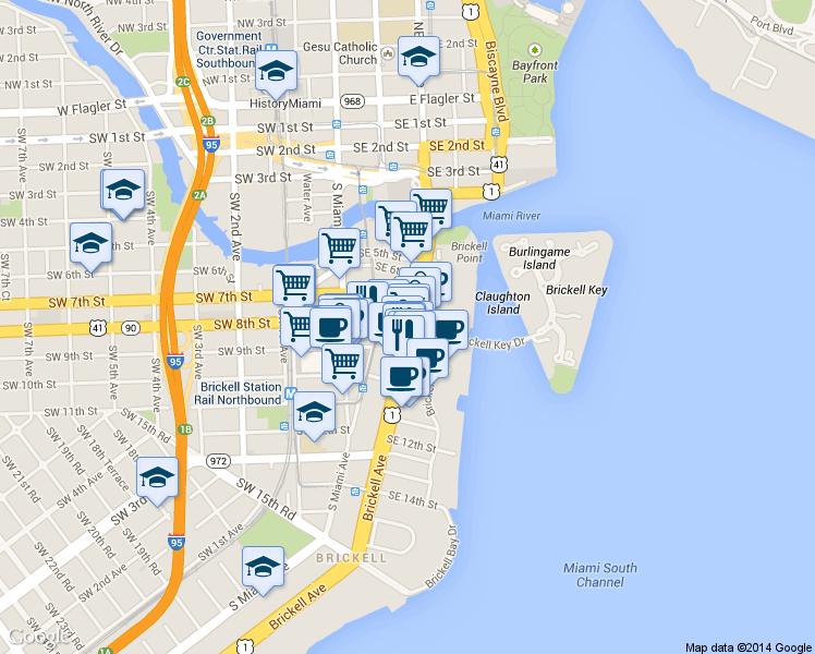 map of restaurants, bars, coffee shops, grocery stores, and more near 845 South Miami Avenue in Miami