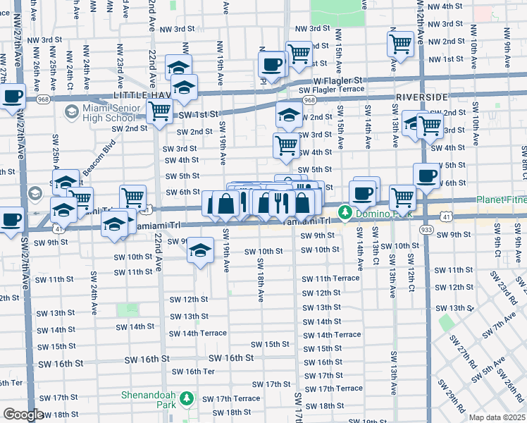map of restaurants, bars, coffee shops, grocery stores, and more near 1821 Southwest 8th Street in Miami