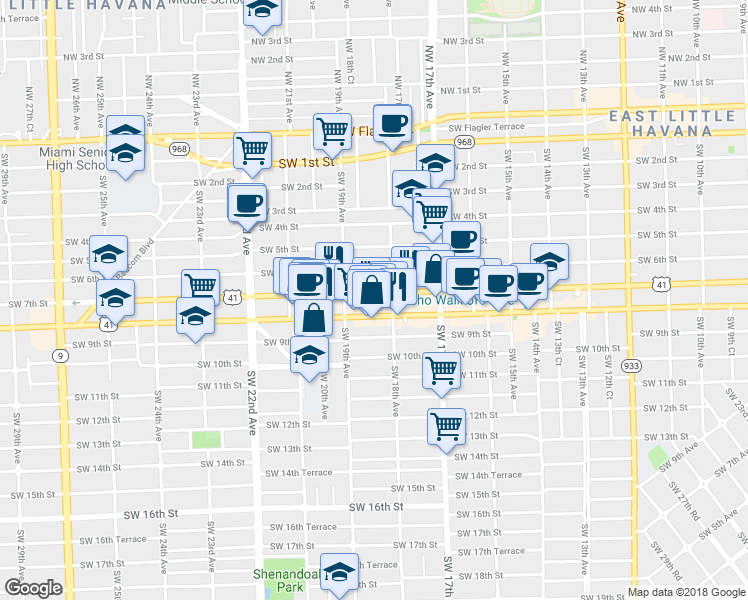 map of restaurants, bars, coffee shops, grocery stores, and more near 1868 Southwest 8th Street in Miami