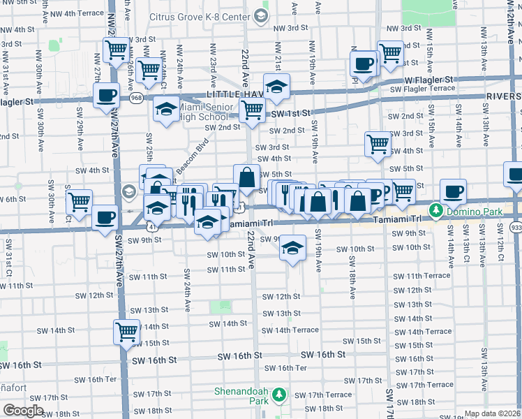 map of restaurants, bars, coffee shops, grocery stores, and more near 799 Southwest 22nd Avenue in Miami