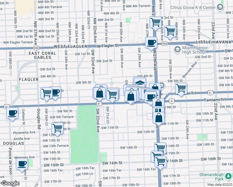 map of restaurants, bars, coffee shops, grocery stores, and more near 3044 Southwest 7th Street in Miami