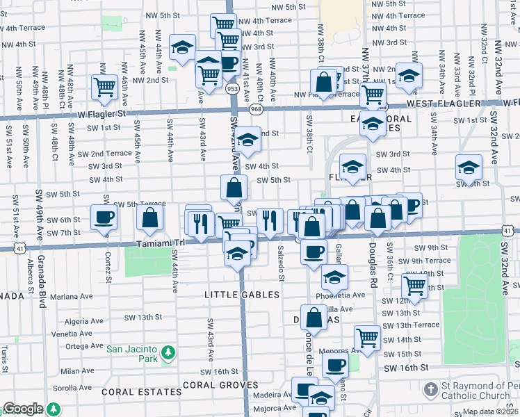 map of restaurants, bars, coffee shops, grocery stores, and more near 4025 Southwest 7th Street in Coral Gables