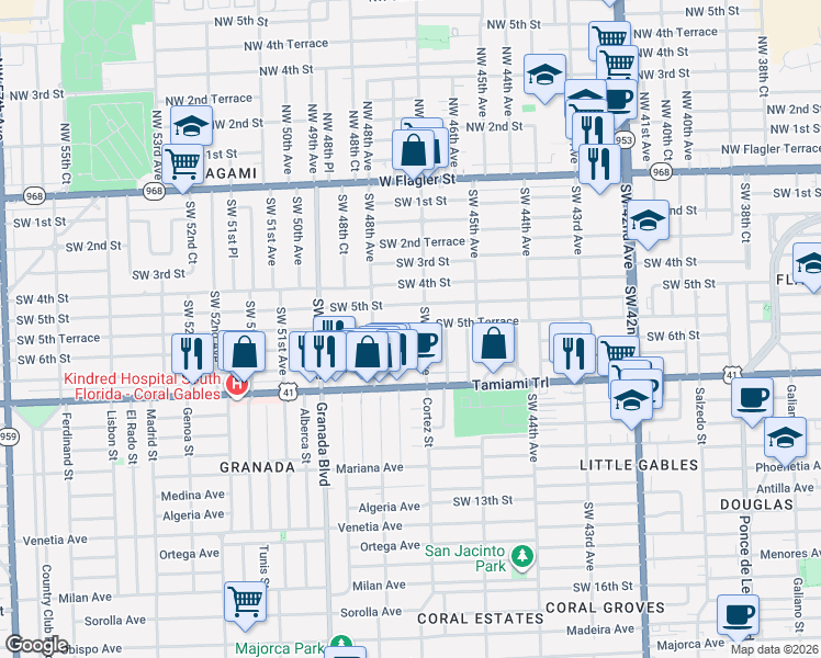map of restaurants, bars, coffee shops, grocery stores, and more near 601 Southwest 47th Court in Coral Gables