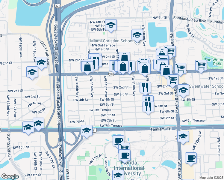 map of restaurants, bars, coffee shops, grocery stores, and more near 11232 Southwest 3rd Street in Miami