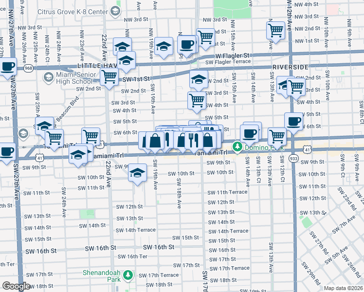 map of restaurants, bars, coffee shops, grocery stores, and more near 1821 Southwest 8th Street in Miami