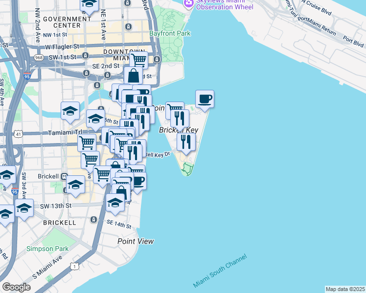 map of restaurants, bars, coffee shops, grocery stores, and more near 880 Claughton Island Drive in Miami