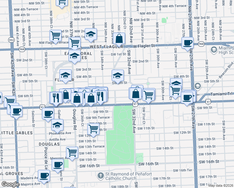 map of restaurants, bars, coffee shops, grocery stores, and more near 3300 Southwest 7th Street in Miami