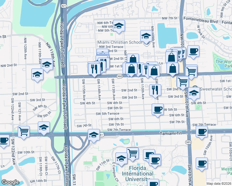 map of restaurants, bars, coffee shops, grocery stores, and more near 11312 Southwest 3rd Street in Miami