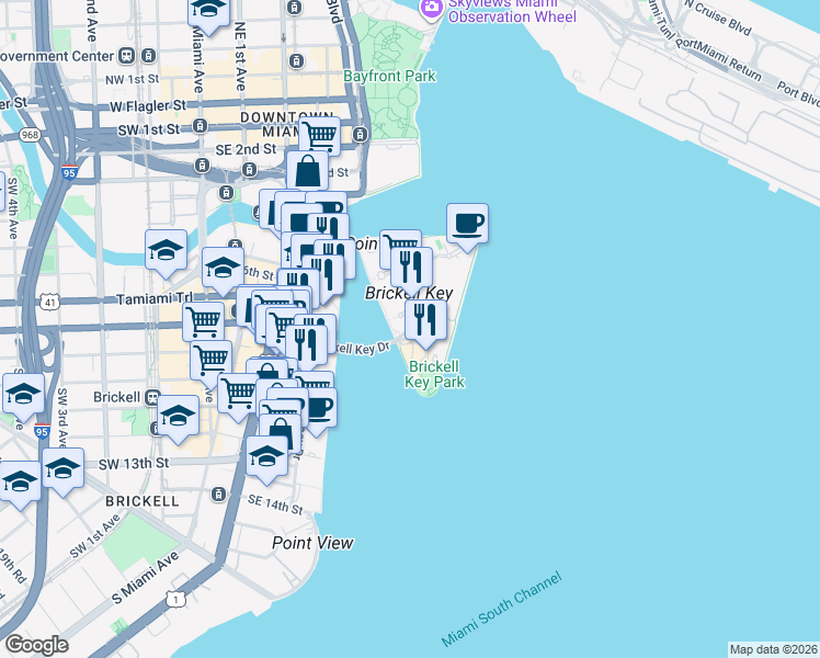 map of restaurants, bars, coffee shops, grocery stores, and more near 475 Brickell Key Drive in Miami