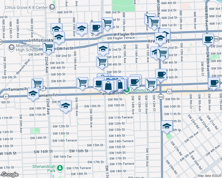 map of restaurants, bars, coffee shops, grocery stores, and more near 1642 Southwest 8th Street in Miami
