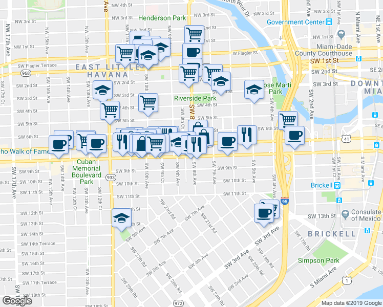 map of restaurants, bars, coffee shops, grocery stores, and more near in Miami
