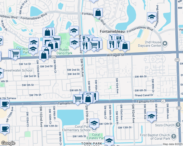 map of restaurants, bars, coffee shops, grocery stores, and more near 225 Southwest 96th Court in Miami